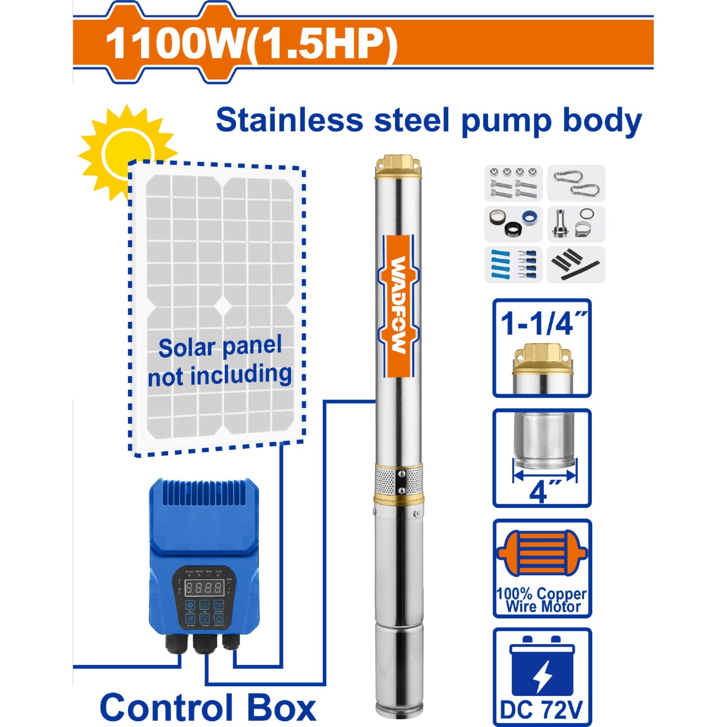 Bomba de pozo profundo solar 72V 1100W (1.5HP) 87m Flujo 6.5m³/h No incluye panel solar.