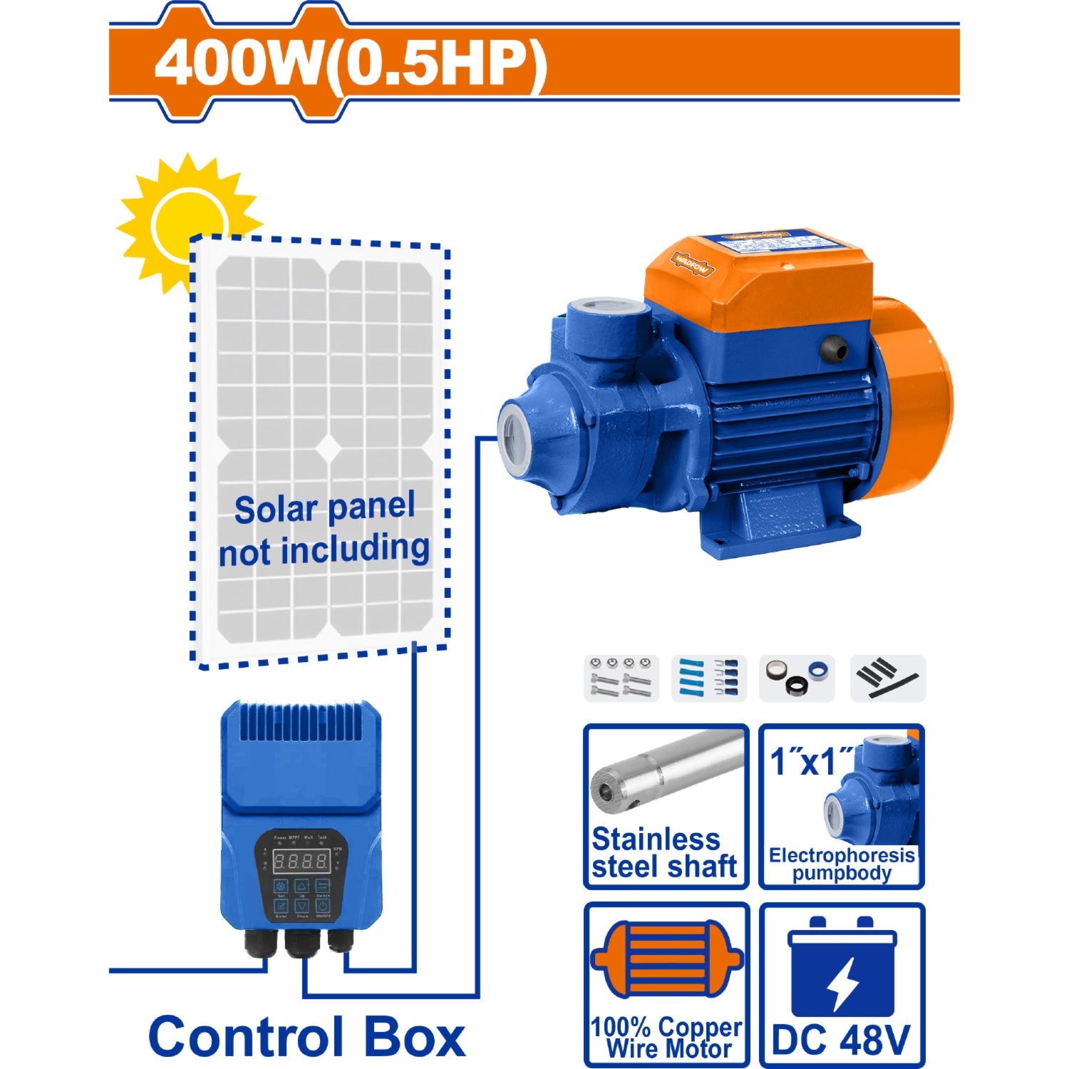 Bomba de agua solar 48V 400W (0.5HP) 45m Flujo máximo: 41L/min No incluye panel solar.