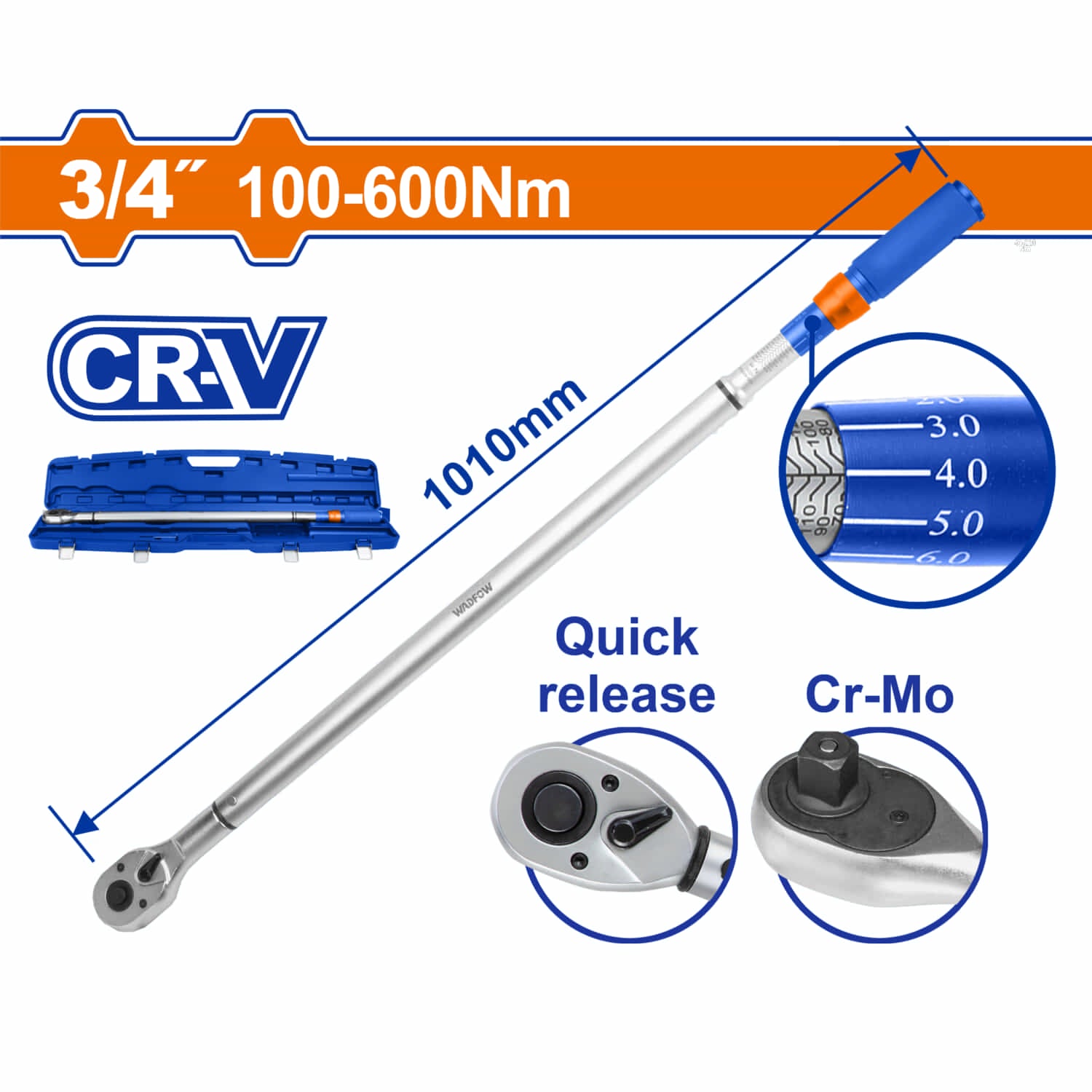 Torquimetro Extensible 3/4" 100-600Nm Cr-V Cr-Mo Cromado con Liberacion Rapida Longitud 1010mm ±4%