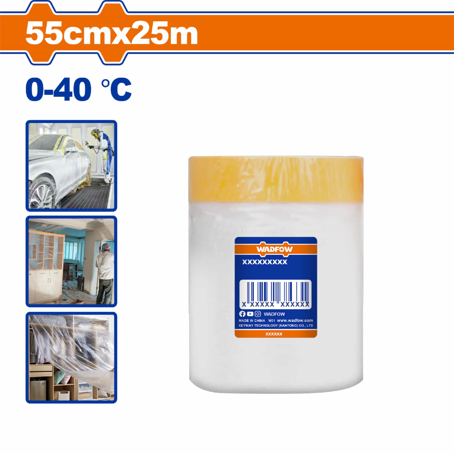 Plástico protector con cinta 55cm x 25m 0-40°C Pintura Automotriz Construcción y Protección de Muebles. Film para enmascarar.