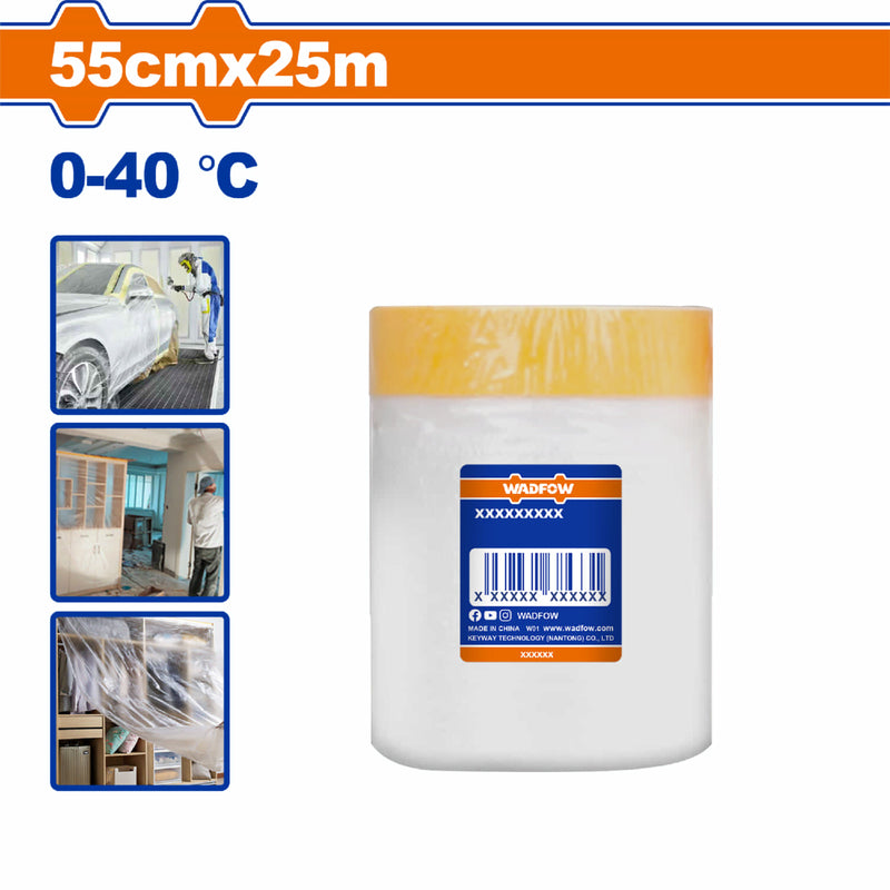 Plástico protector con cinta 55cm x 25m 0-40°C Pintura Automotriz Construcción y Protección de Muebles. Film para enmascarar.