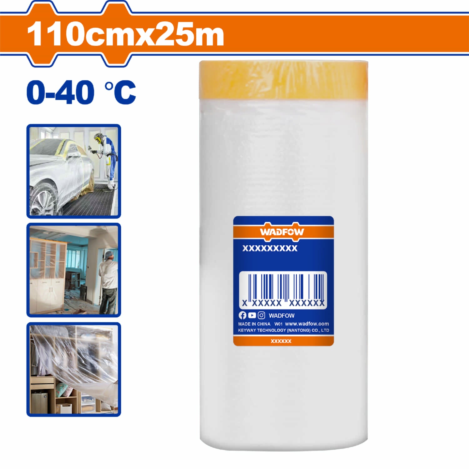 Plástico protector con cinta 110cm x 25m 0-40°C Pintura Automotriz Construcción y Protección de Muebles. Film para enmascarar.