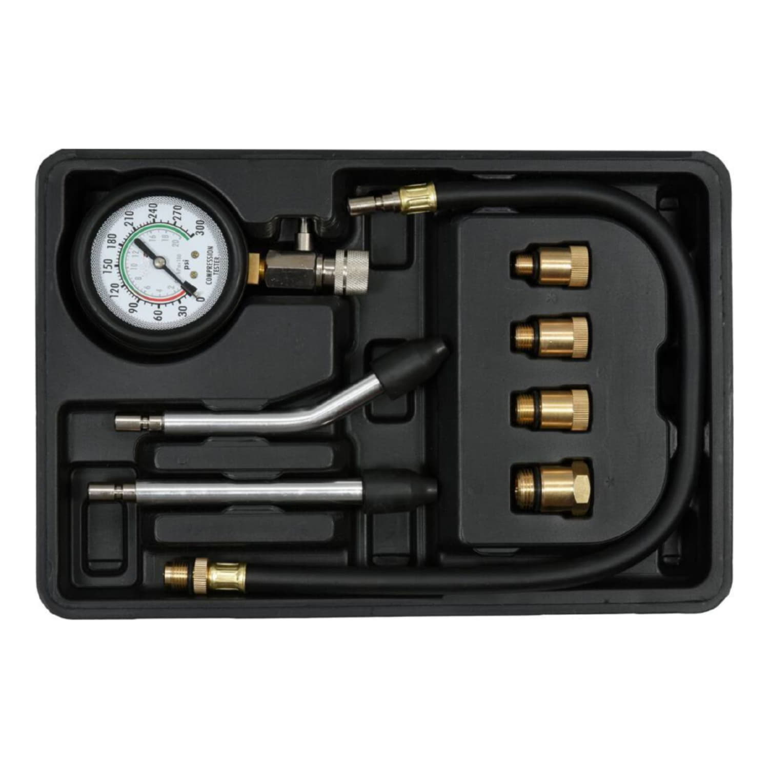 Kit De Prueba De Compresión. Incluye Adaptadores De Latón Para Tamaños De Rosca: M18*1.5, M14*1.5, M12*1.25, M10*1.0; Incluye Adaptadores Universales. Set de 8 piezas.