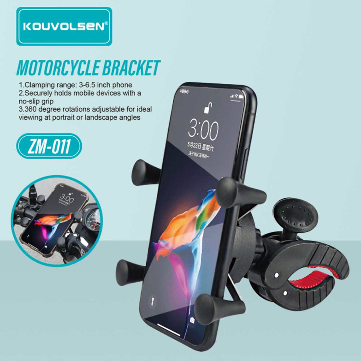 Soporte de Celular para Moto y Bicicleta. Porta Celular Ajustable 360° para Manubrio. Sujeción Antivibración Compatible 3.6" a 6.5".