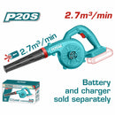 Soplador blower 20V Inalámbrico 2.7 m³/min 18000 rpm No Incluye batería ni cargador.