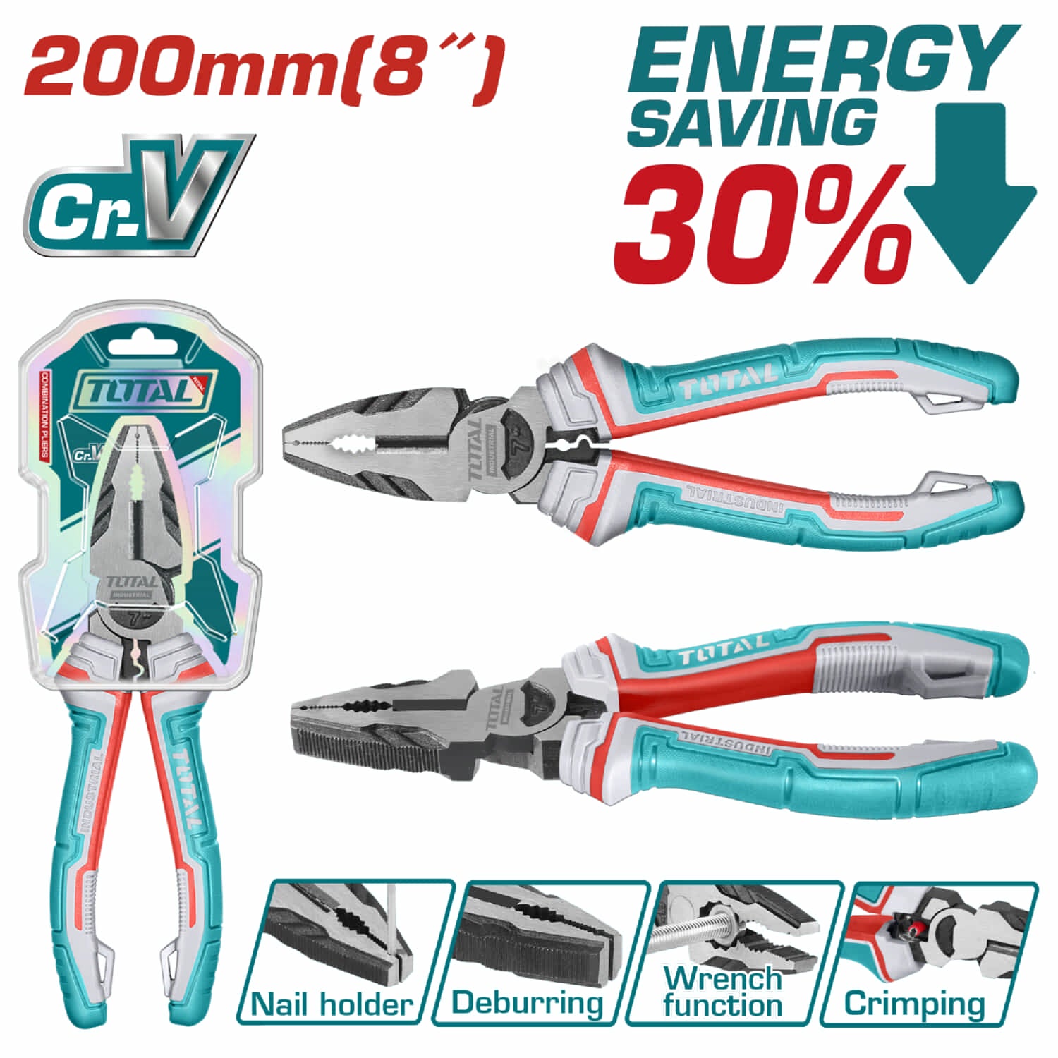Alicate de combinacion 8"/200mm Cr-V. De alto apalancamiento ahorran el 30% de la fuerza aplicada.