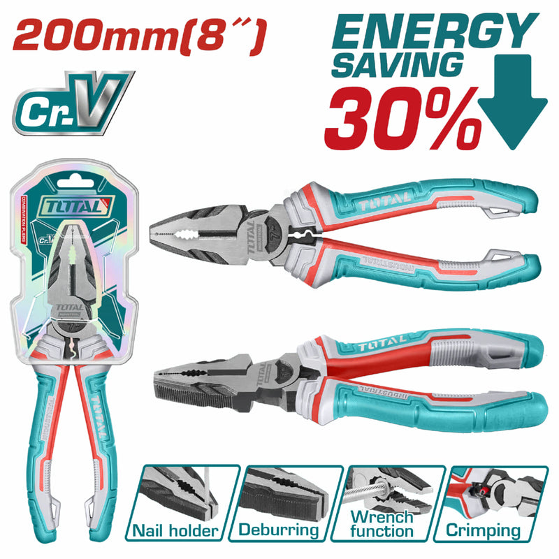 Alicate de combinacion 8"/200mm Cr-V. De alto apalancamiento ahorran el 30% de la fuerza aplicada.