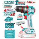 Taladro Inalámbrico 20V 1/2" 66Nm Impacto. Motor sin escobillas. Incluye 2 baterías y cargador. Super Total