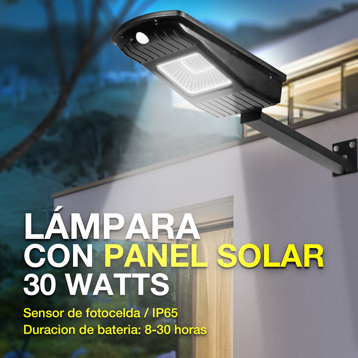 Lámpara con panel solar 30 watts