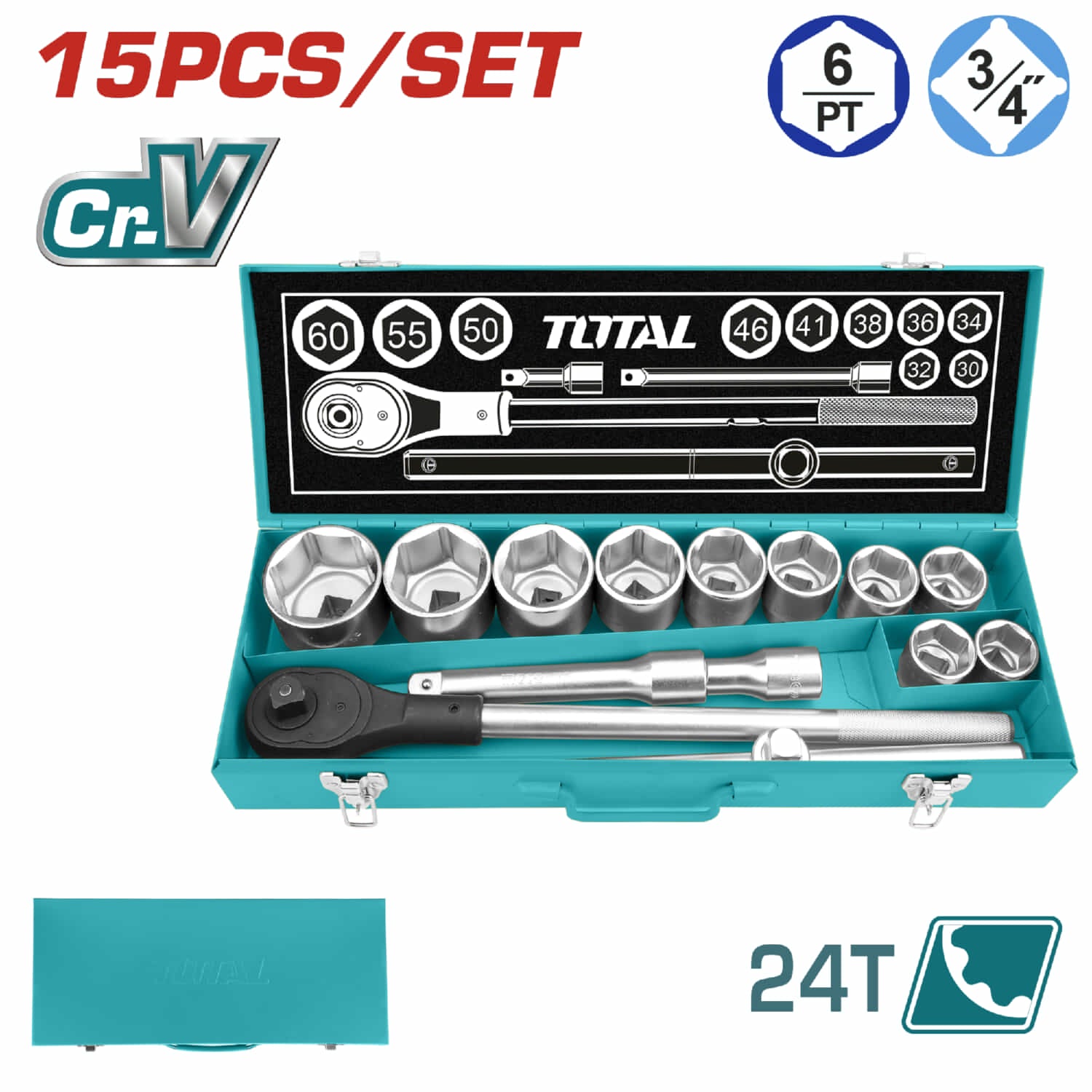 Juego de Dados Socket de 3/4" DR. de 15 Piezas. Cr-V (50 BV 0). Cromado de Tratamiento Térmico.