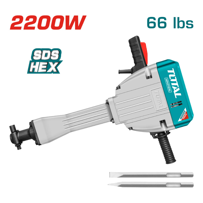 Demoledora 2200W SDS HEX 28mm 30kg. 110-120V~60Hz Calid. indust. Viene con maletín 2cincelesHEX.1año