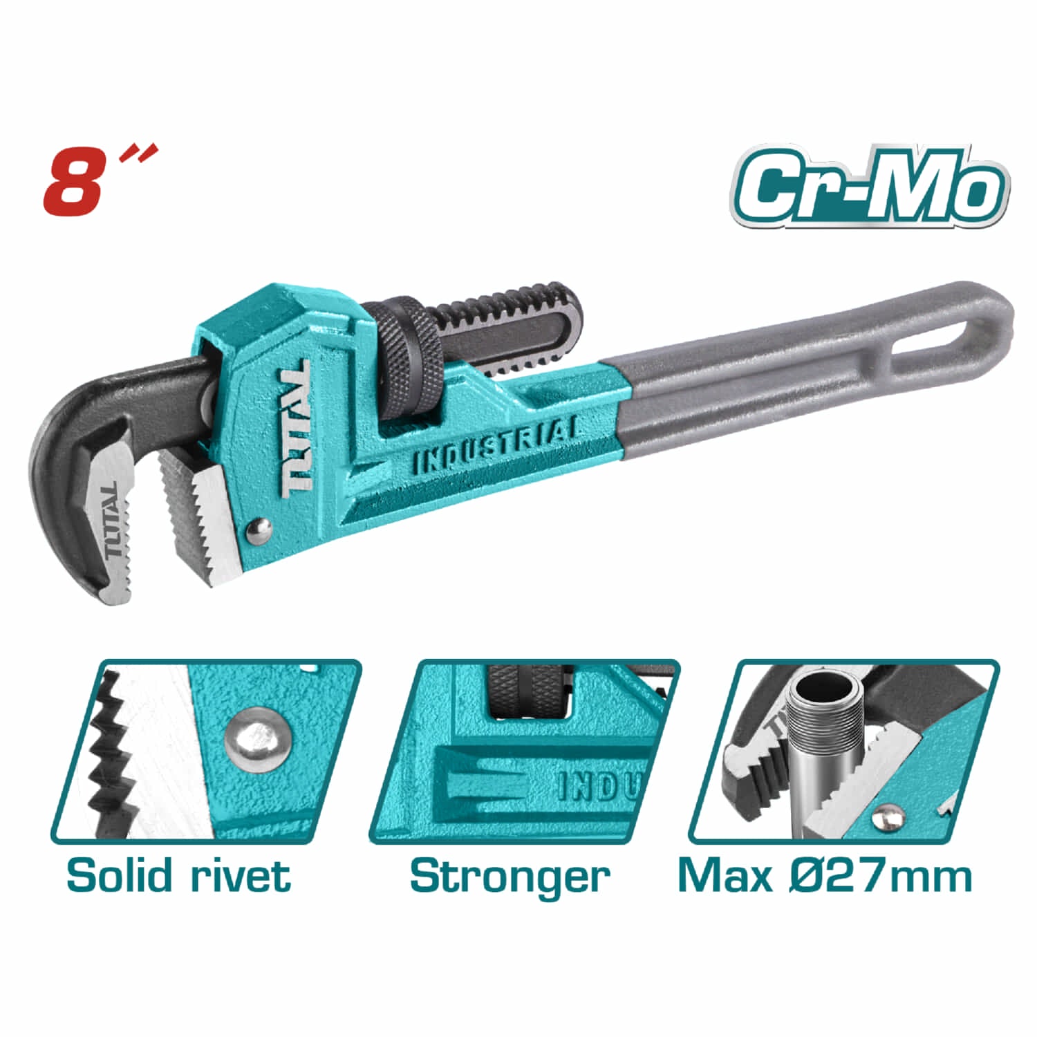 Llave de tubo forjada acero alta calidad. Remache sólido.Diámetro Max sujeción: 27mm. 8 "(200mm)