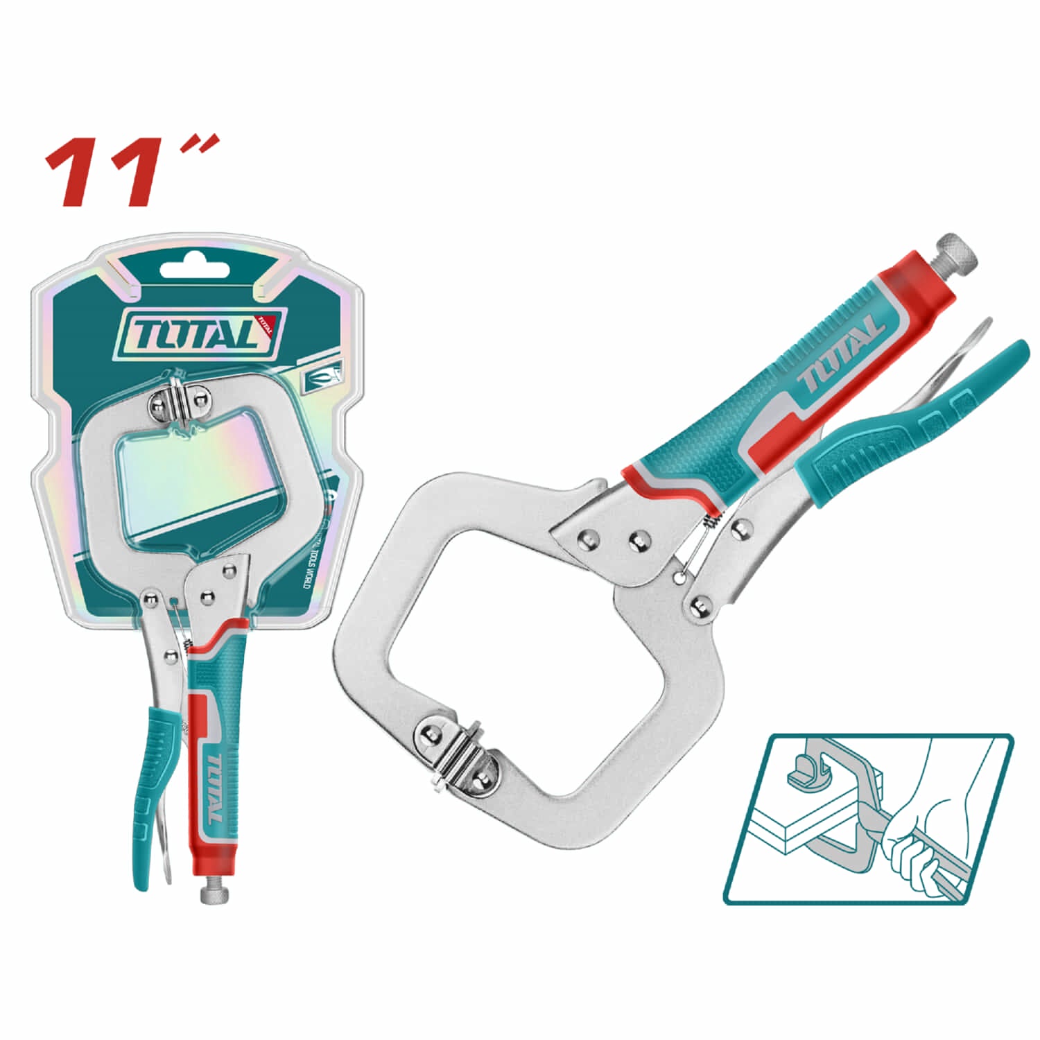 Alicate de presion tipo C abrazadera con anillo de amarre. 11"/275mm. Acabado niquelado. Peso 710g.