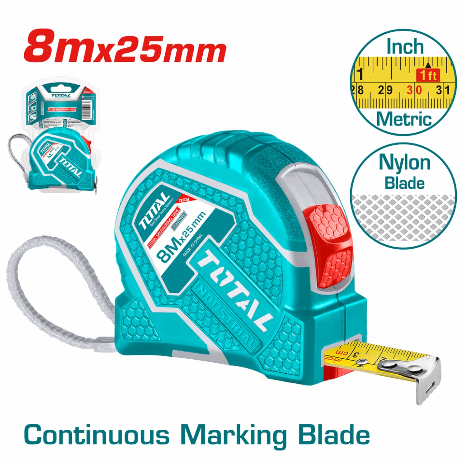 Cinta Métrica (métrico / pulgada). Acero de 8m. Ancho 25mm.