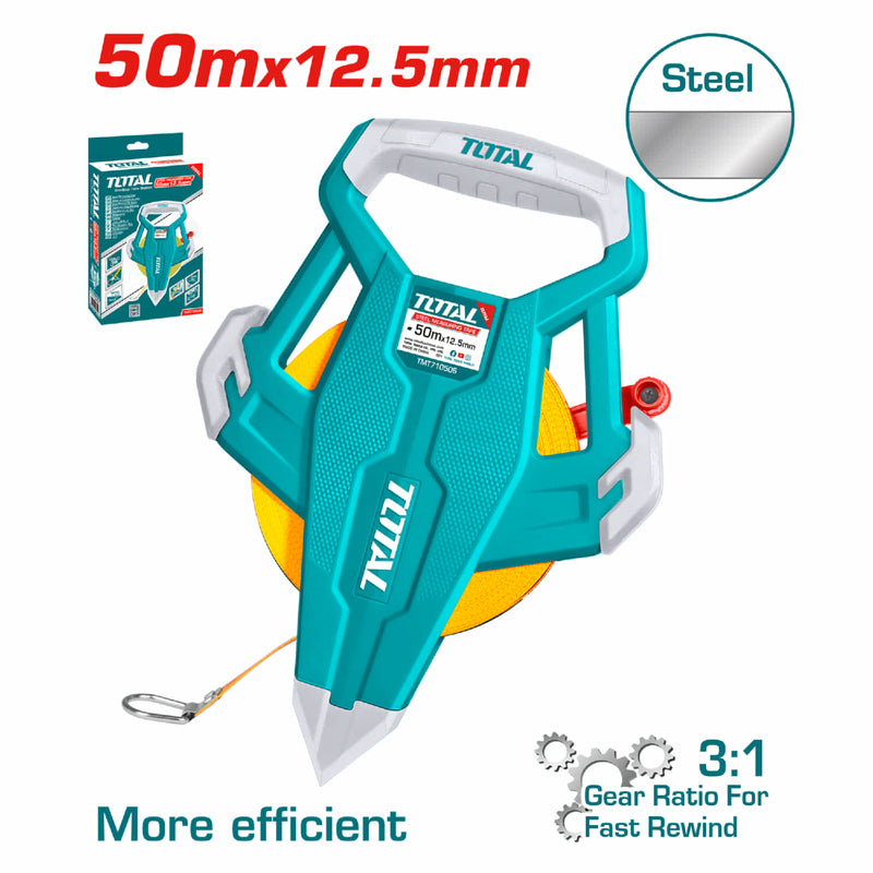 Cinta métrica de acero 50 mts x 12.5 mm. Métrico y pulgadas. Auto enrollable 3:1