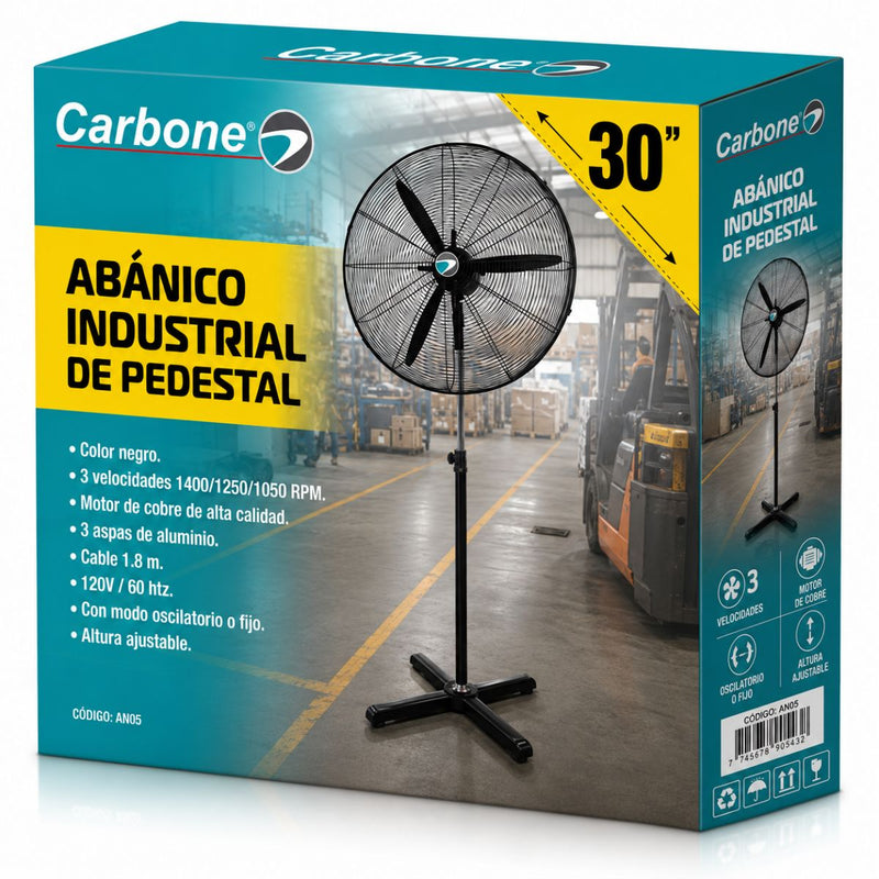 Abanico industrial 30" 180 watt de Pedestal con base. Color negro. 3 velocidades 1