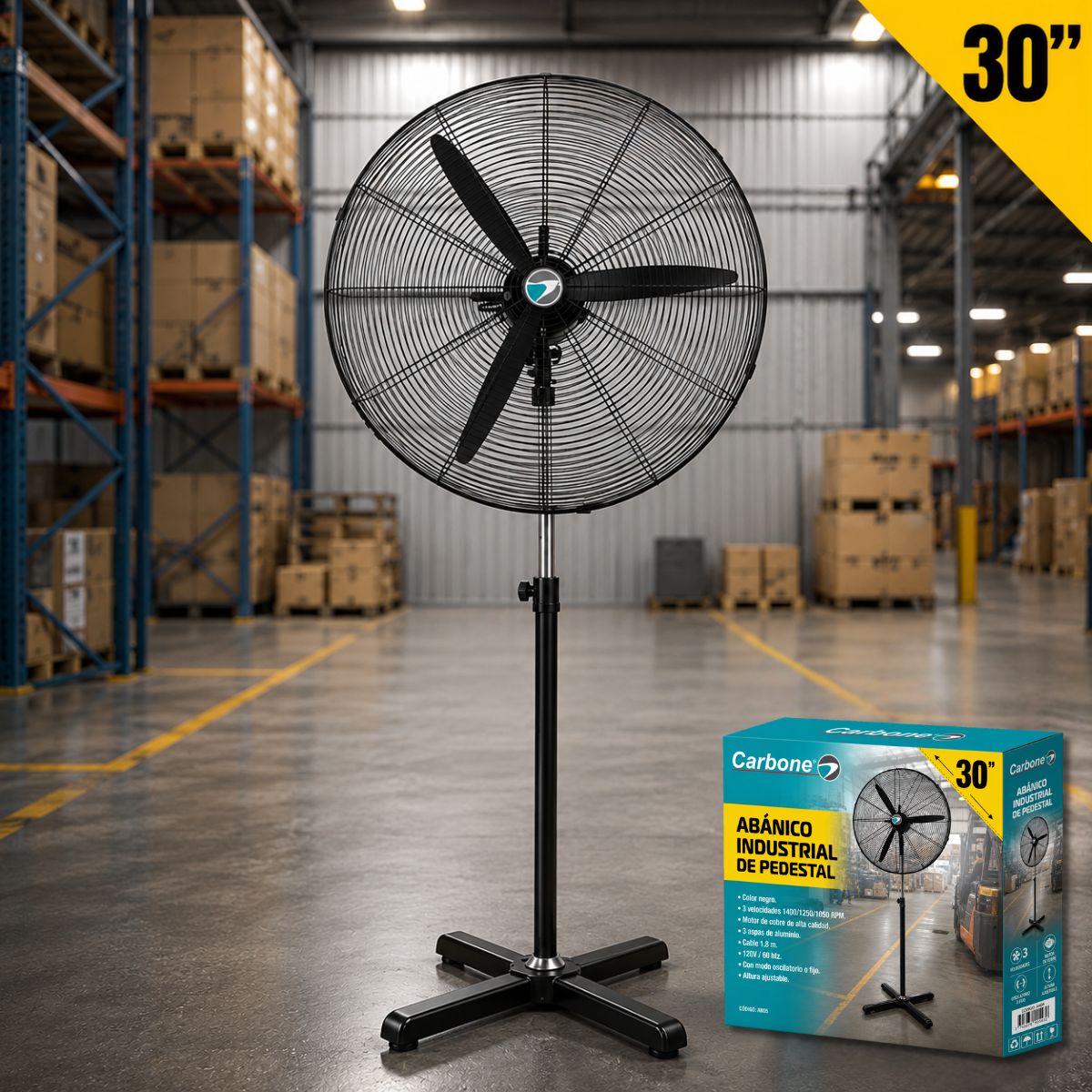 Abanico industrial 30" 180 watt de Pedestal con base. Color negro. 3 velocidades 1