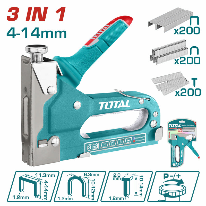 Grapadora 3 en 1 de Fuerza Ajustable. Grapas: Alambre: 1.2 mm, Corona: 11.3 mm, Longitud: 4-14mm.