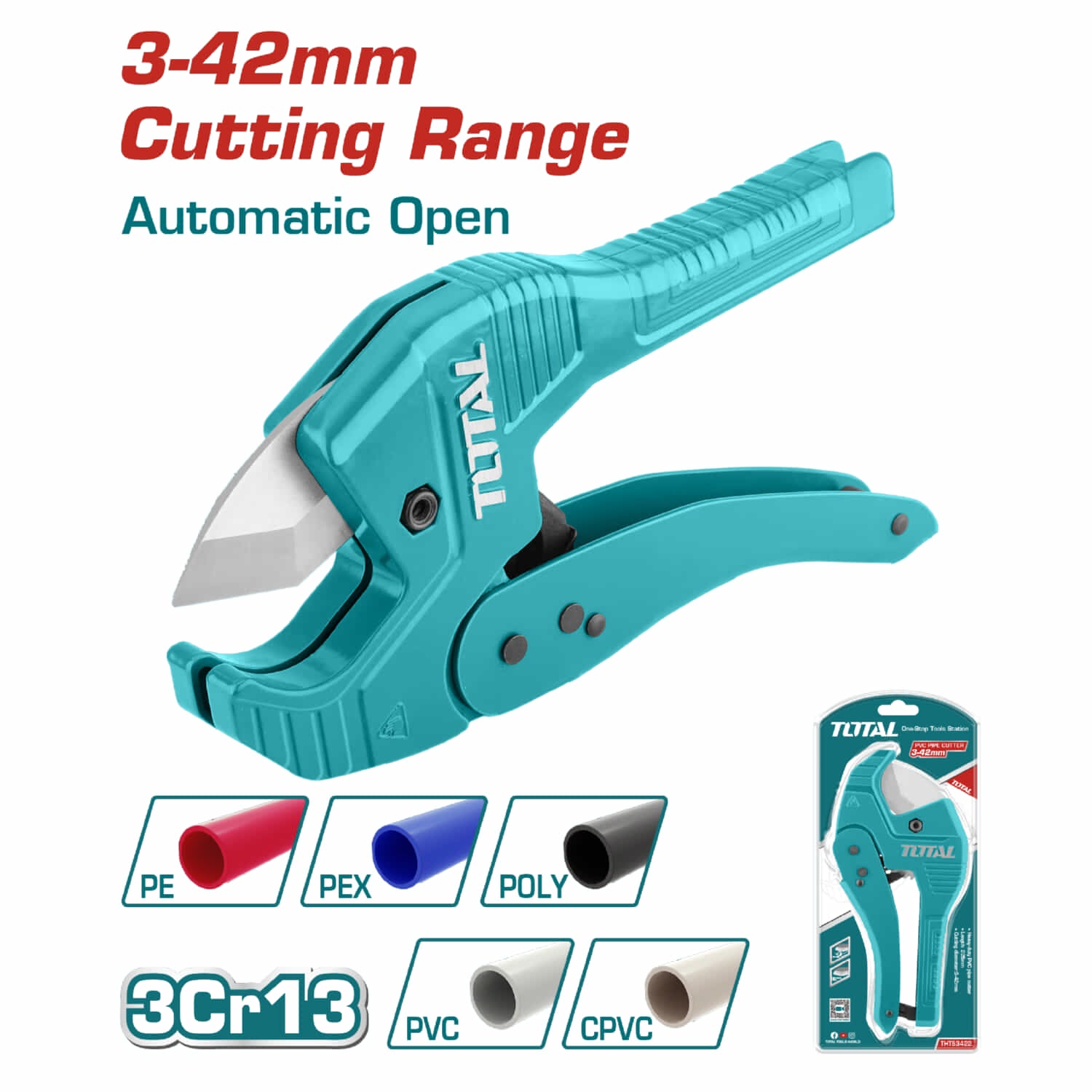 Cortador de tubo de PVC. Corta tubos de 3 a 42 mm. Largo 225 mm