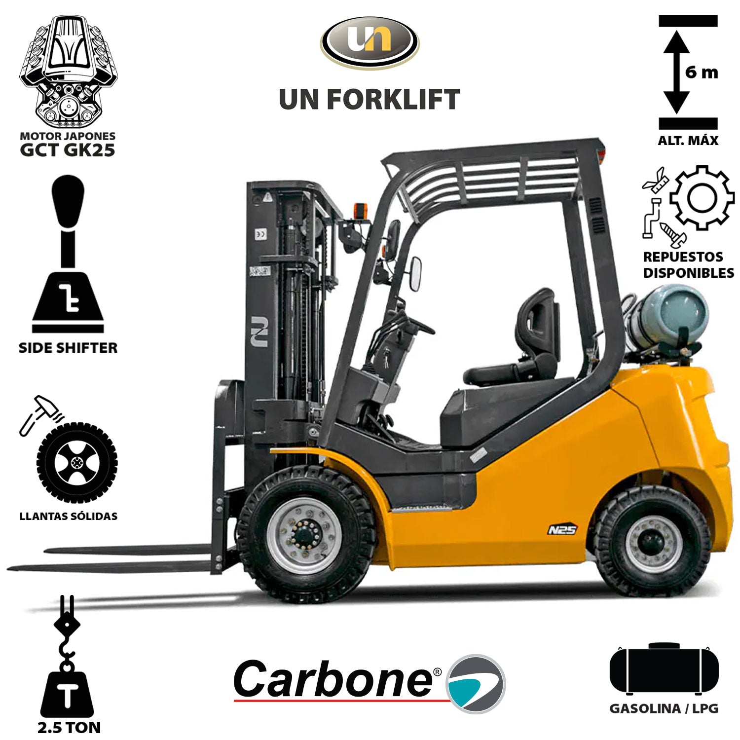 Montacargas Gasolina 2.5 Toneladas Torre de 6mts de altura. Llantas sólidas y Side Shifter. UN FORKIFT