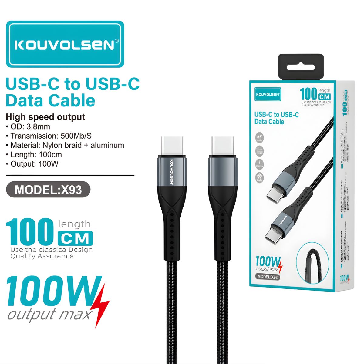 Cable Tipo-C A Tipo-C De Carga Rápida 100W Y Transferencia De Datos. Longitud De 1 Metro.