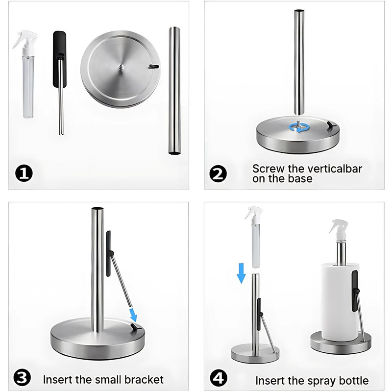 Soporte para papel toalla con atomizador incorporado. Portarrollos de Cocina 2 en 1 con Dispensador de Líquido de Limpieza.