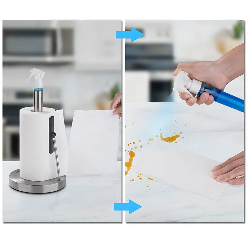 Soporte para papel toalla con atomizador incorporado. Portarrollos de Cocina 2 en 1 con Dispensador de Líquido de Limpieza.