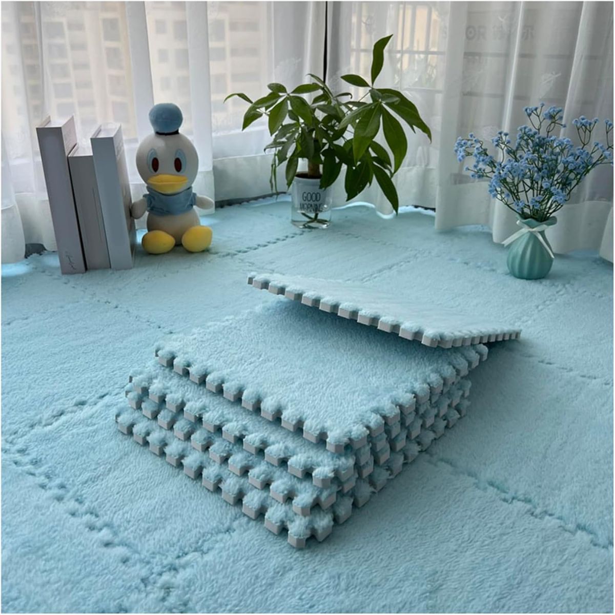 Pisos de Espuma con Cubierta de Peluche. 60X60cm Color celeste. Alfombra de Espuma Tipo Rompecabezas con Felpa Suave. Piso de goma.