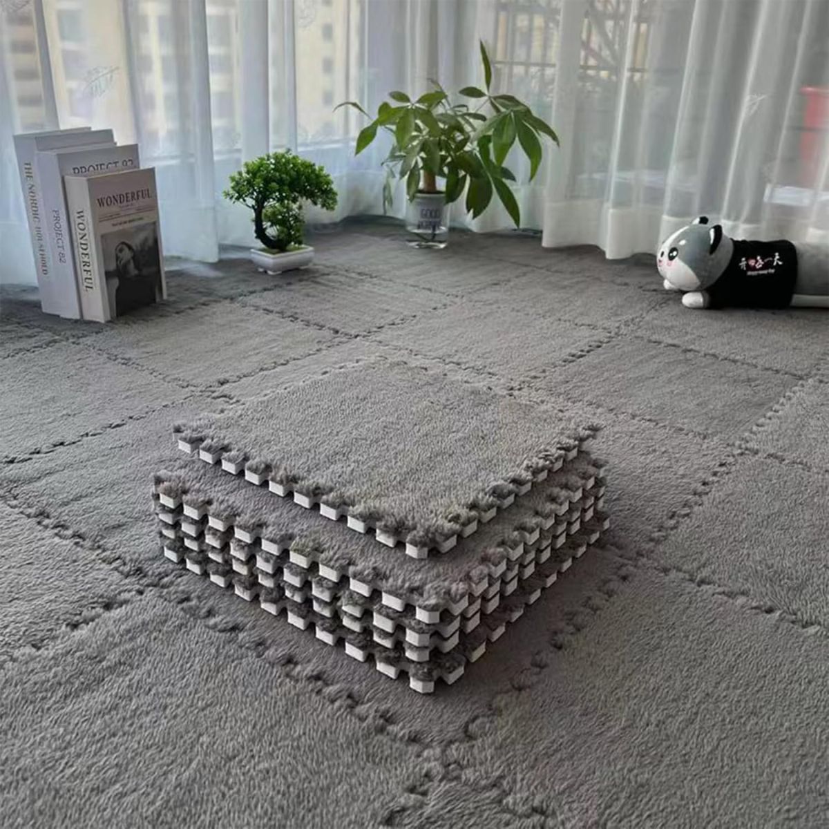 Pisos de Espuma con Cubierta de Peluche. 60X60cm Color gris. Alfombra de Espuma Tipo Rompecabezas con Felpa Suave. Piso de goma.