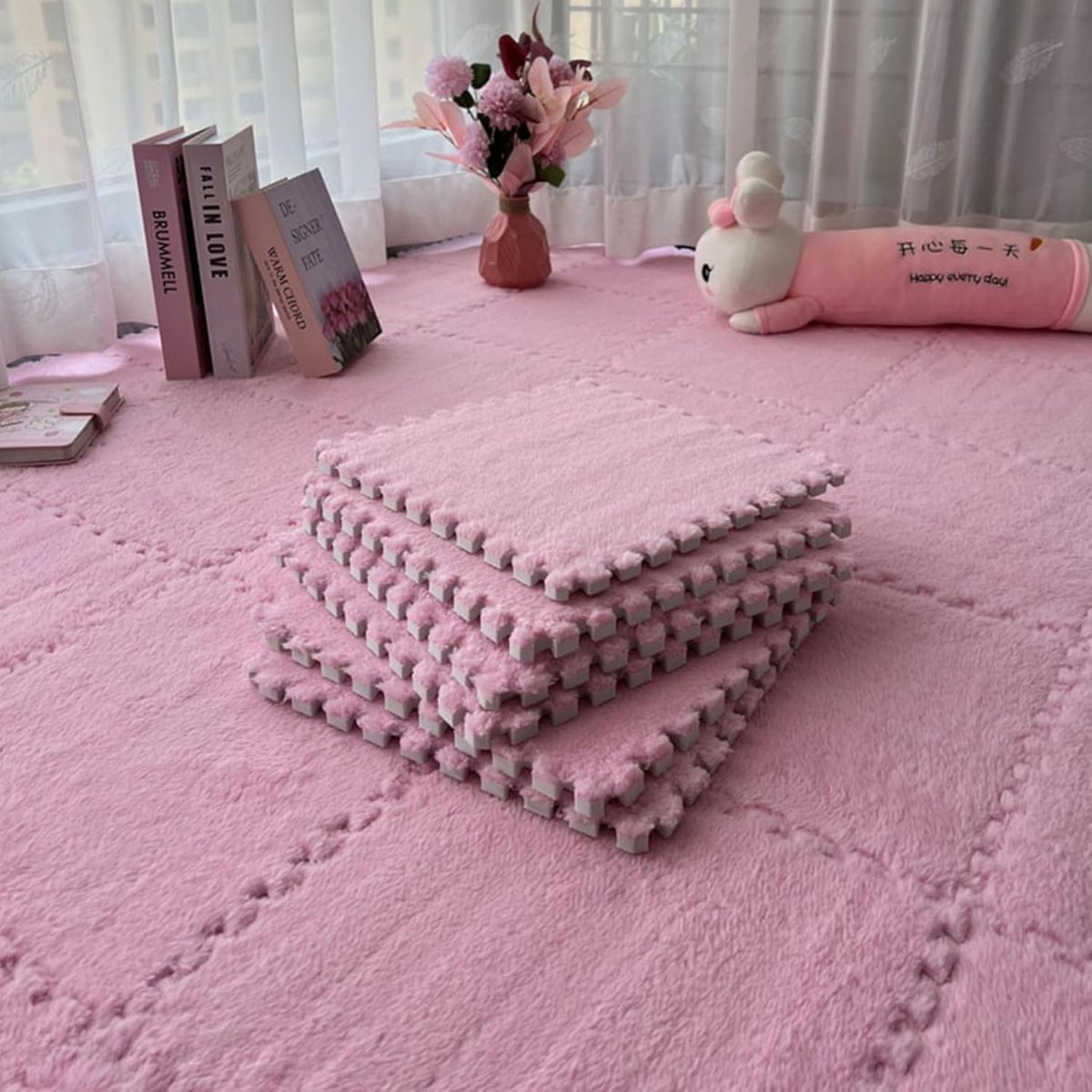 Pisos de Espuma con Cubierta de Peluche. 60X60cm Color rosado. Alfombra de Espuma Tipo Rompecabezas con Felpa Suave. Piso de goma.