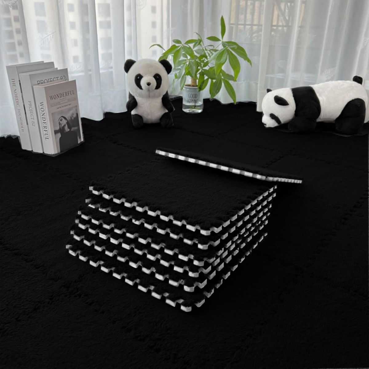Pisos Modular de Espuma con Cubierta de Peluche. 60X60cm Color negro. Alfombra de Espuma Tipo Rompecabezas con Felpa Suave. Piso de goma.
