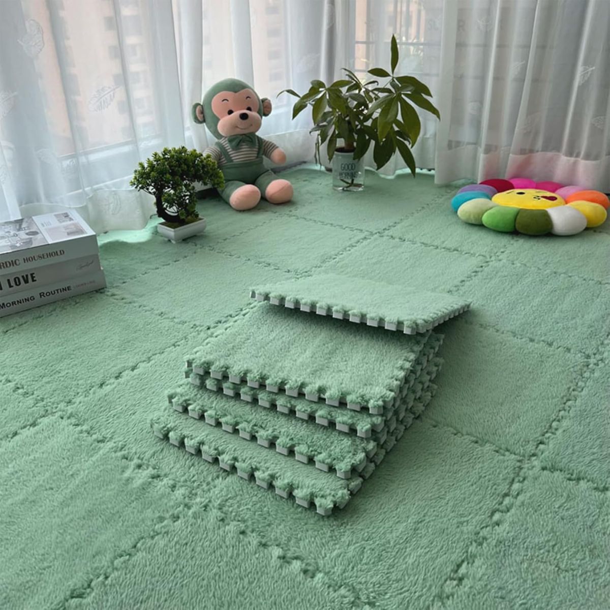 Pisos Modular de Espuma con Cubierta de Peluche. 60X60cm Color verde menta. Alfombra de Espuma Tipo Rompecabezas con Felpa Suave. Piso de goma.