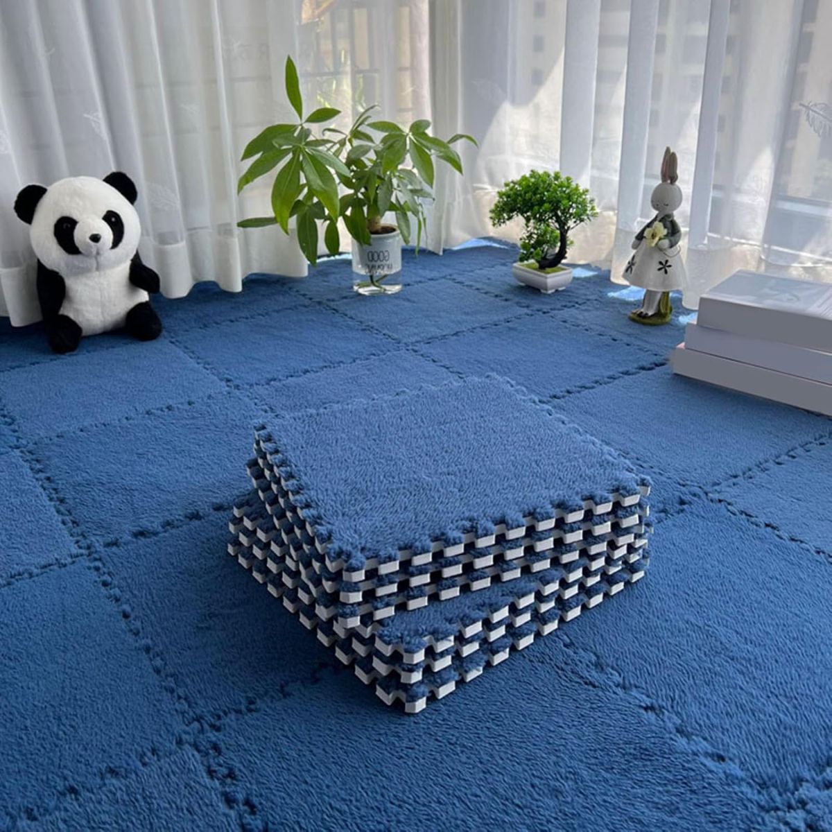 Piso Modular de Espuma con Cubierta de Peluche. 60X60cm Color azul. Alfombra de Espuma Tipo Rompecabezas con Felpa Suave. Piso de goma.