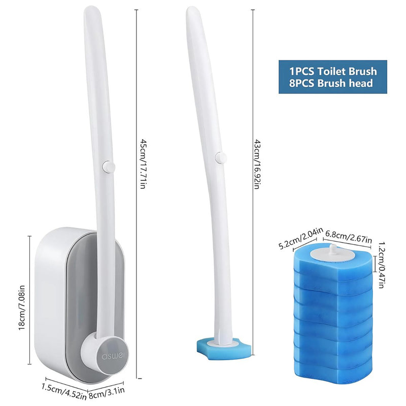Cepillo de Inodoro con Cabezales Desechables y base de Pared. Incluye 8 Cabezales de repuesto. Limpieza de servicio retrete.