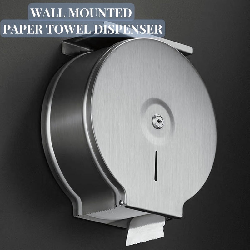 Dispensador de Papel Higiénico de Acero Inoxidable con Bandeja para Celular. Portarrollos Jumbo con cerradura.