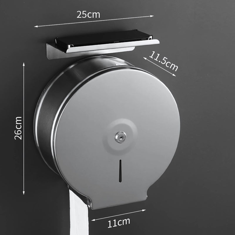 Dispensador de Papel Higiénico de Acero Inoxidable con Bandeja para Celular. Portarrollos Jumbo con cerradura.
