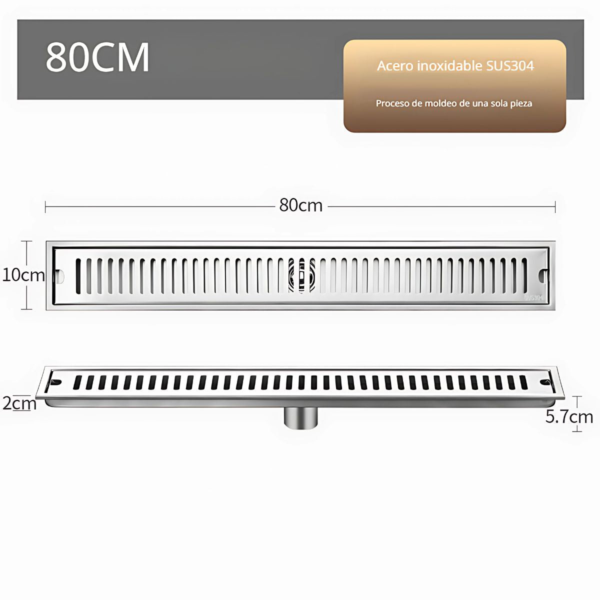 Drenaje Lineal De Piso 80Cm. Rejilla Rectangular. Desagüe Para Baño. Acero inoxidable.