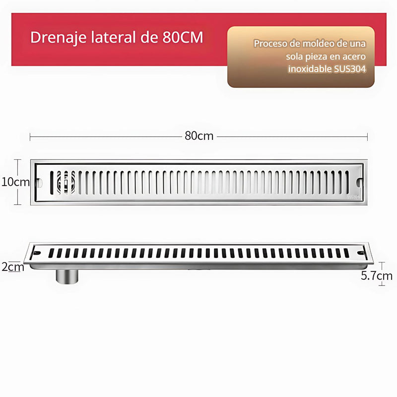 Drenaje Lineal De Piso 80Cm con salida lateral. Rejilla Rectangular. Desagüe Para Baño. Acero inoxidable.