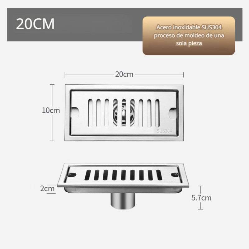 Drenaje Lineal De Piso 20 Cm. Rejilla Rectangular. Desagüe Para Baño. Acero inoxidable.