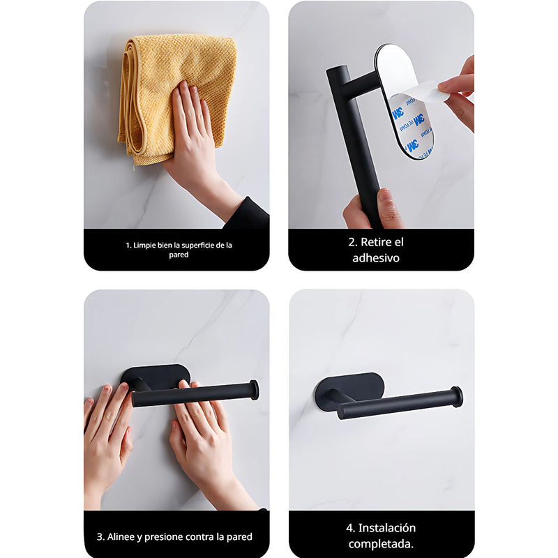 Portarrollos de Papel Higiénico en Acero Inoxidable. Montaje Autoadhesivo. Color negro.