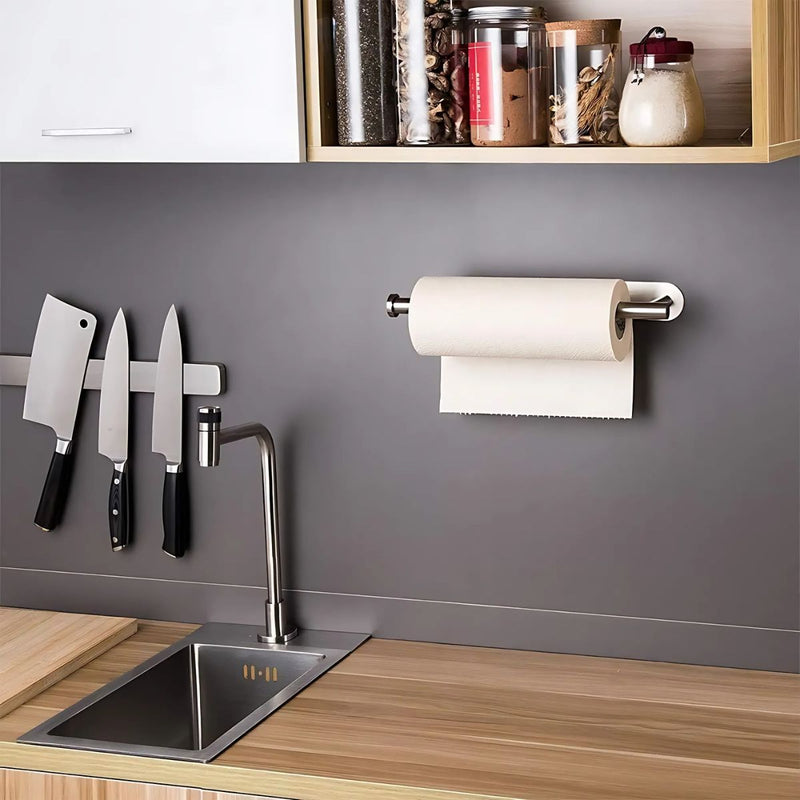 Soporte para Paños y Rollos de papel toalla cocina de Acero Inoxidable. Adhesivo para cocina o baño.