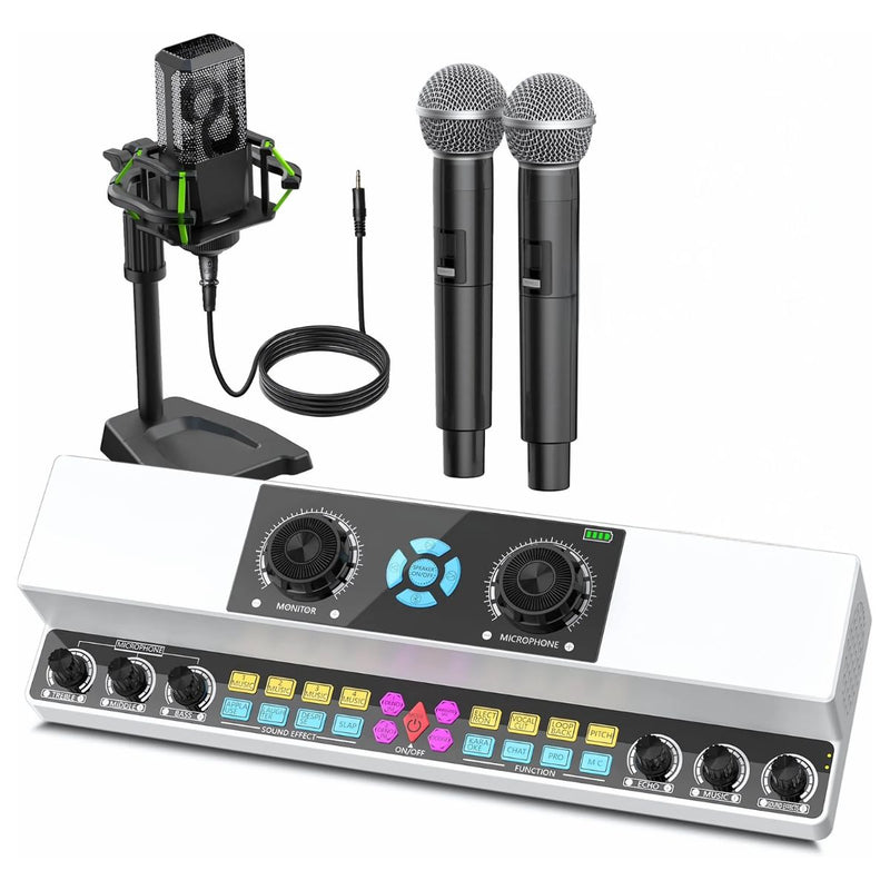 Consola de Audio con Micrófonos Inalámbricos. Mezcladora de Sonido Portátil con Efectos y Micrófonos. Karaoke en casa.