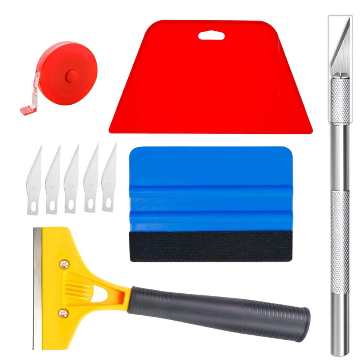 Herramientas para rotular y Aplicar Papel ahumado en autos. Set de 10 piezas para Instalación de Vinilo, Papel Tapiz y Polarizado. Kit de Corte, Medición y Alisado.