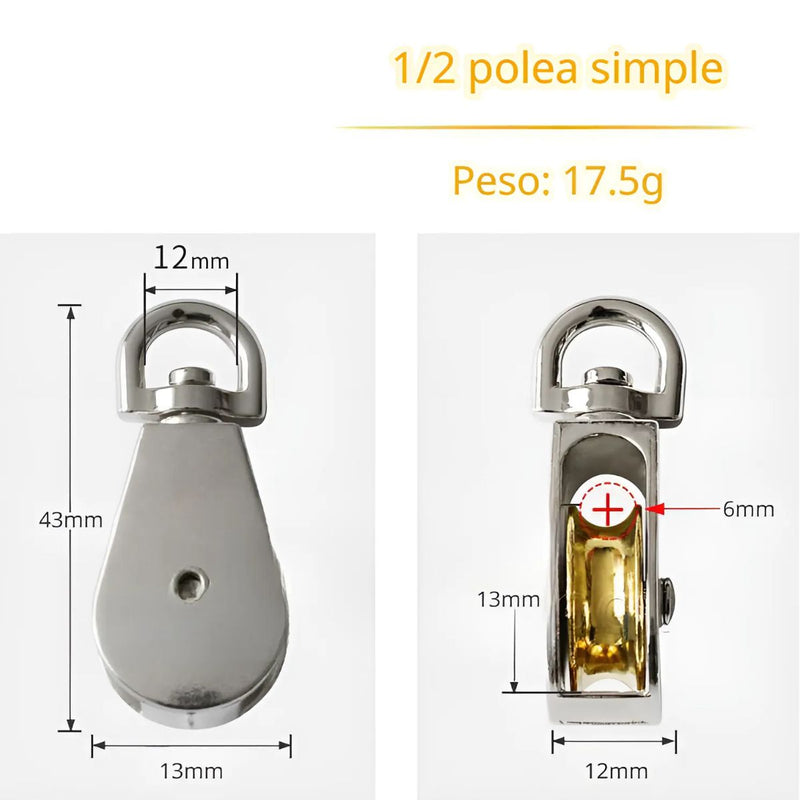 Polea Para cable de 6mm. Polea Giratoria de Aleación de Zinc 1/2" para cable o cuerdas y Cargas Ligeras. Garrucha.
