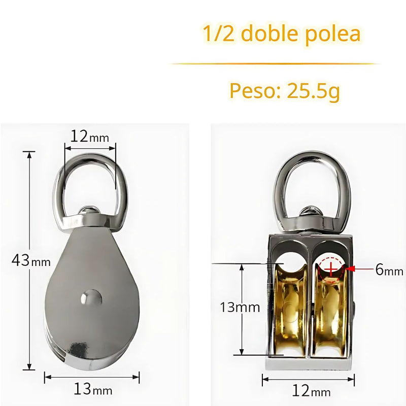 Polea giratoria Para cuerdas 6mm. Polea Doble 1/2 para Noria y Tracción Ligera de Cuerda Metálica. Garrucha.
