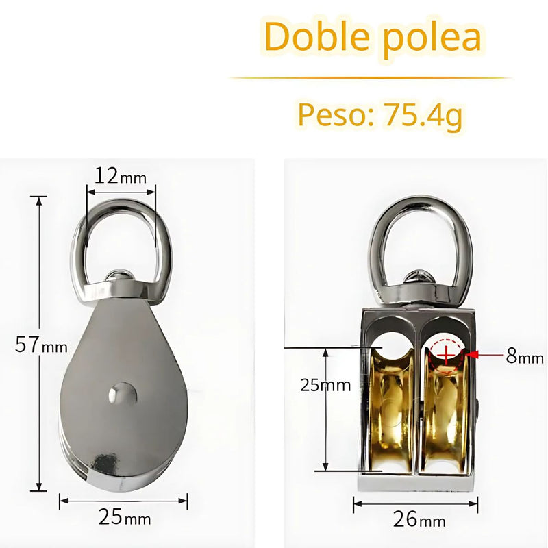 Polea giratoria Para cables 8mm. Polea Doble 1” para Norias de Aleación Zinc, 8mm Ranura, 75g. Garrucha.