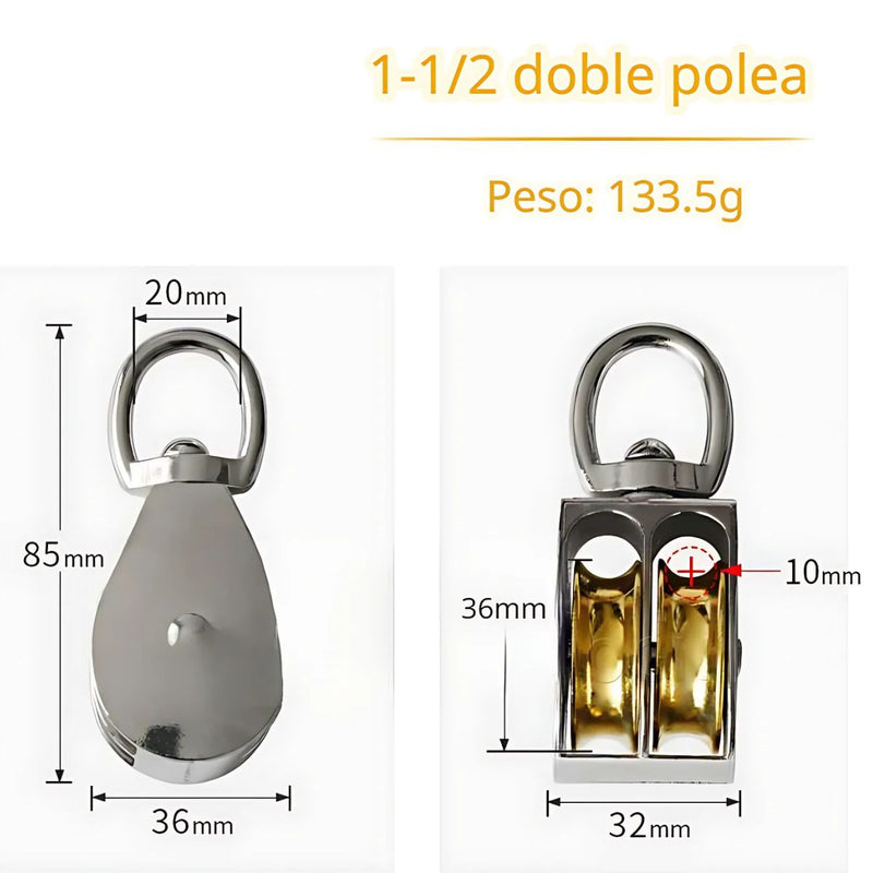Polea Para cable 10mm. Polea Doble Giratoria 1-1/2" para Norias y Sistemas de Carga Liviana. Garrucha.