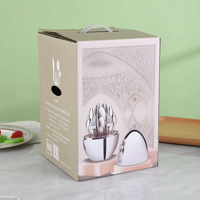 Cubiertos de Acero Inoxidable. Set de 24 piezas. Con Estuche Decorativo en Forma de Huevo.