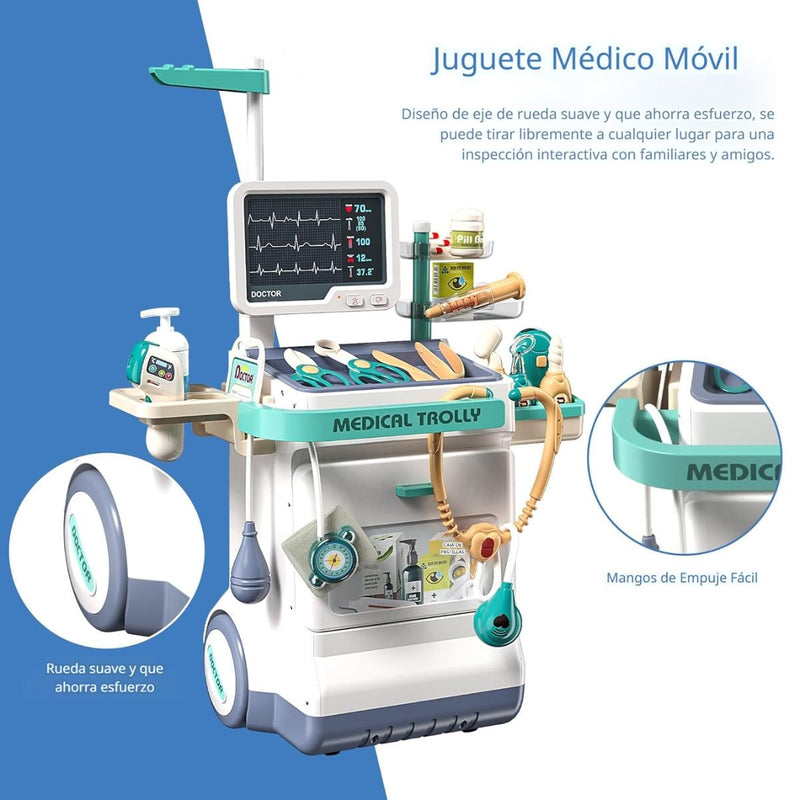 Juguete de Carrito de Médico Infantil con Sonido y Luz. Juego de Doctor Completo con Accesorios. (Set de 26 piezas)