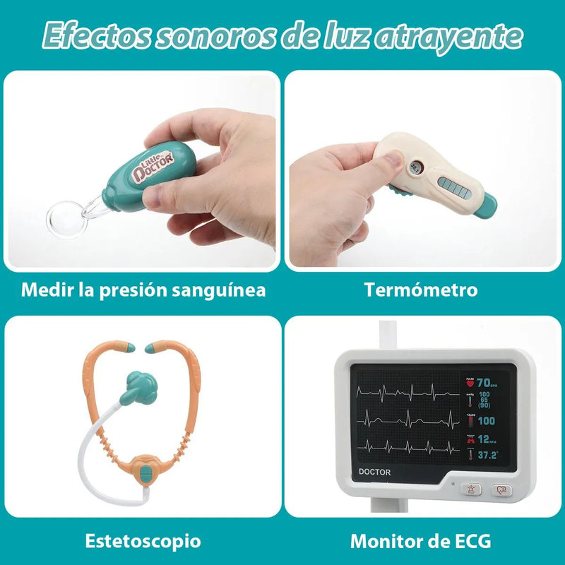 Juguete de Carrito de Médico Infantil con Sonido y Luz. Juego de Doctor Completo con Accesorios. (Set de 26 piezas)